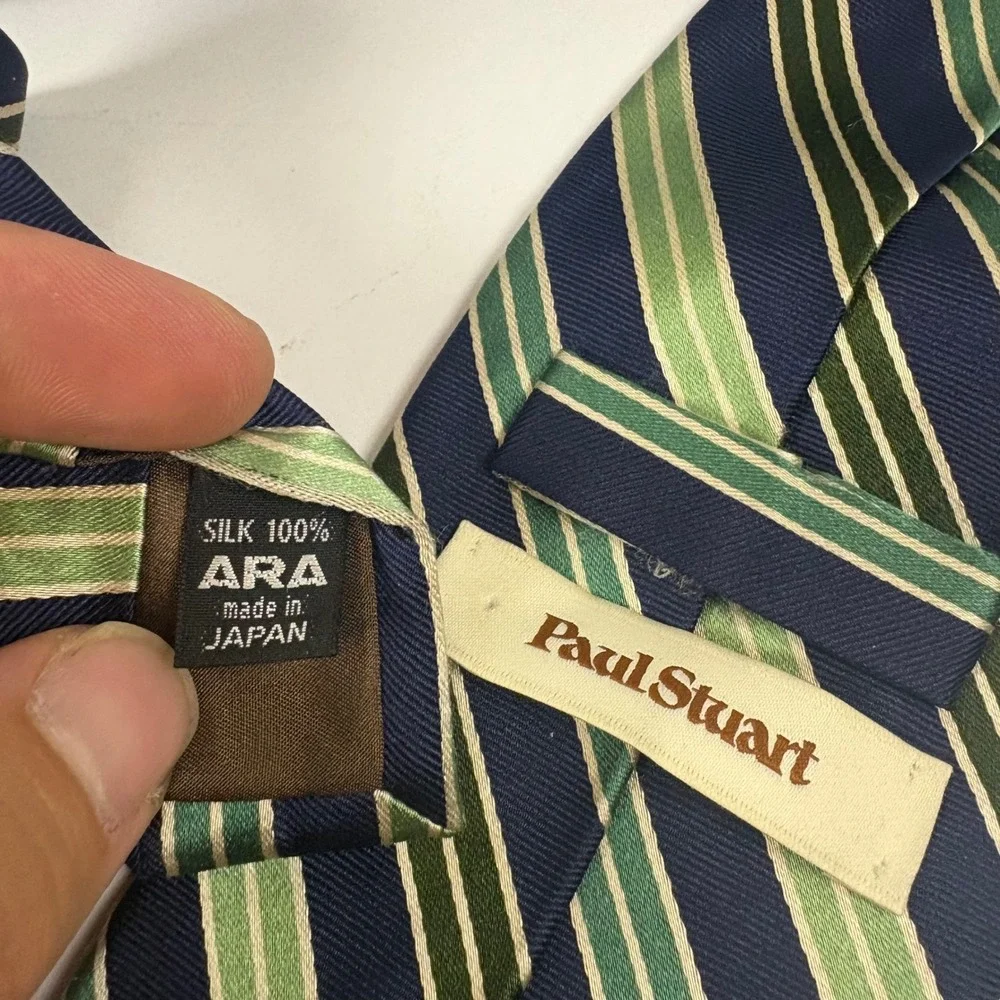 Paul Stuart Necktie Mens OS Blue Green Striped Silk Repp Japan Made Formal Tie